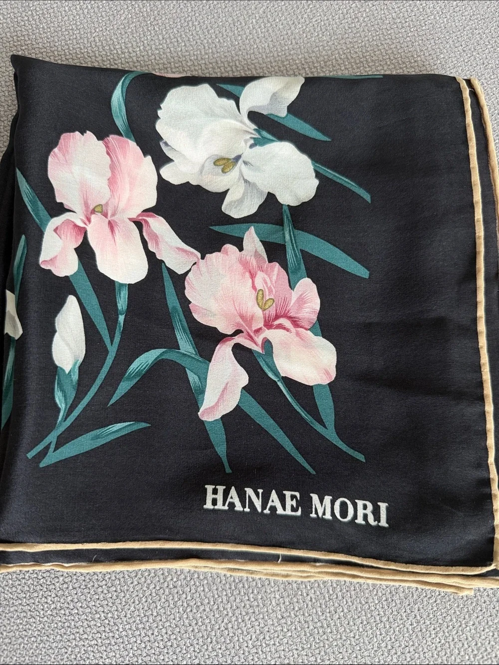 Hanae Mori Black Floral Silk Scarf - Pink & White Blooms 30 x 30